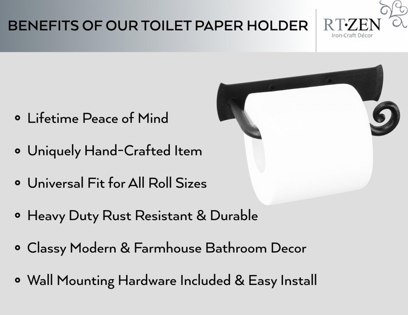 RTZEN Bathroom Toilet Paper Holder - Handcrafted Rustic Wrought Iron Wall Decor Toilet Roll Holder - Black Matte Wall Mount Bar for Modern Farmhouse Bathroom Decor - Image 2